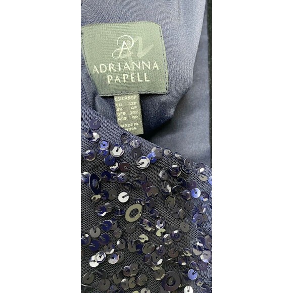 💙 ADRIANNA PAPPEL Navy Blue Sequin Embellished Beaded Gown w/ Train 0P Petite - Picture 7 of 7